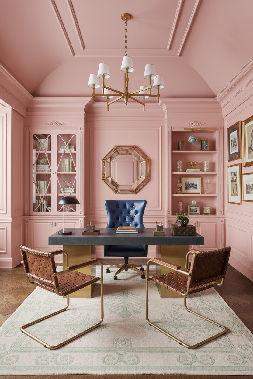 Pink office with a desk, rug, chairs, and decorative elements.