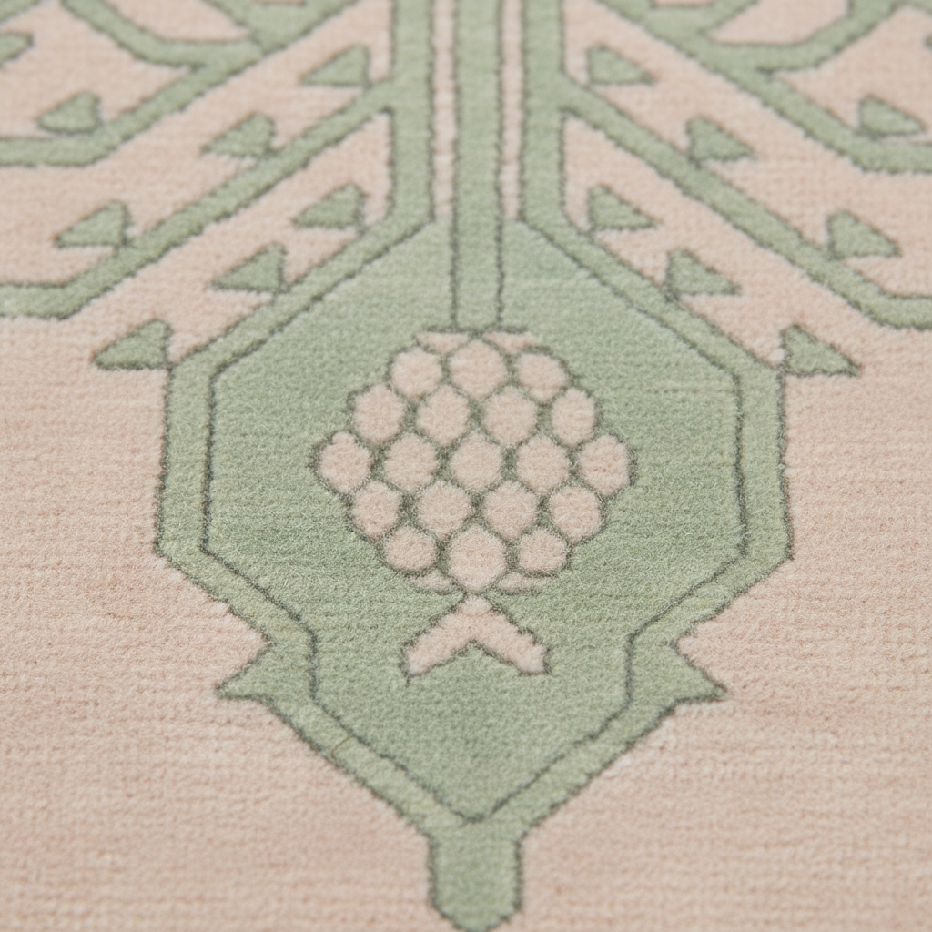 Close-up of a patterned rug with a pale pink field, sage green geometric border, and a central cluster of cream circular motifs.
