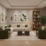 A modern living room featuring a light beige sectional sofa with green throw pillows, two matching green armchairs, a dark stone coffee table, a patterned area rug, a wooden bookshelf, and abstract wall art.