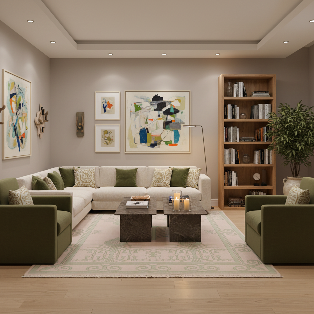 A modern living room featuring a light beige sectional sofa with green throw pillows, two matching green armchairs, a dark stone coffee table, a patterned area rug, a wooden bookshelf, and abstract wall art.