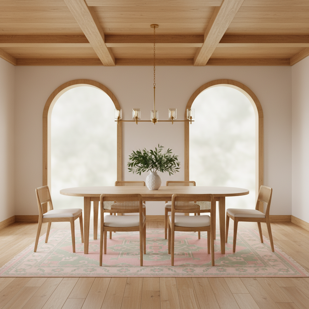 A minimalist dining room scene featuring a light wood oval dining table with six matching wooden chairs with white cushions, set on a pink and green patterned rug under a brass six-light chandelier. The room has a warm beige wall, arched windows with soft white light, and a light wood ceiling with exposed beams.