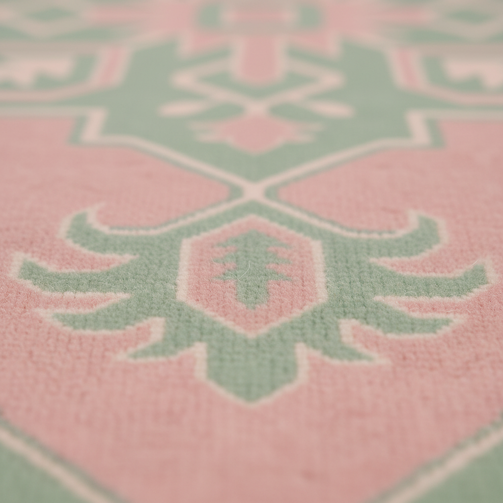Close-up of a soft textile surface with a repeating geometric and floral-inspired pattern in pink, pale green, and off-white, shown in shallow depth of field.