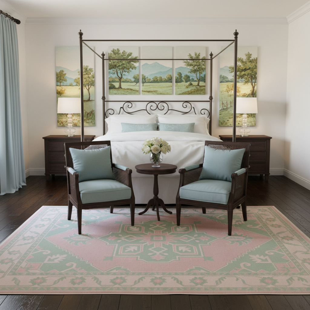 A styled bedroom interior featuring a four-poster canopy bed with white bedding, two dark wood armchairs with pale blue cushions, a small round side table with flowers, and a large patterned area rug. The room is lit by two table lamps on dark wood nightstands, with wall art above the headboard.