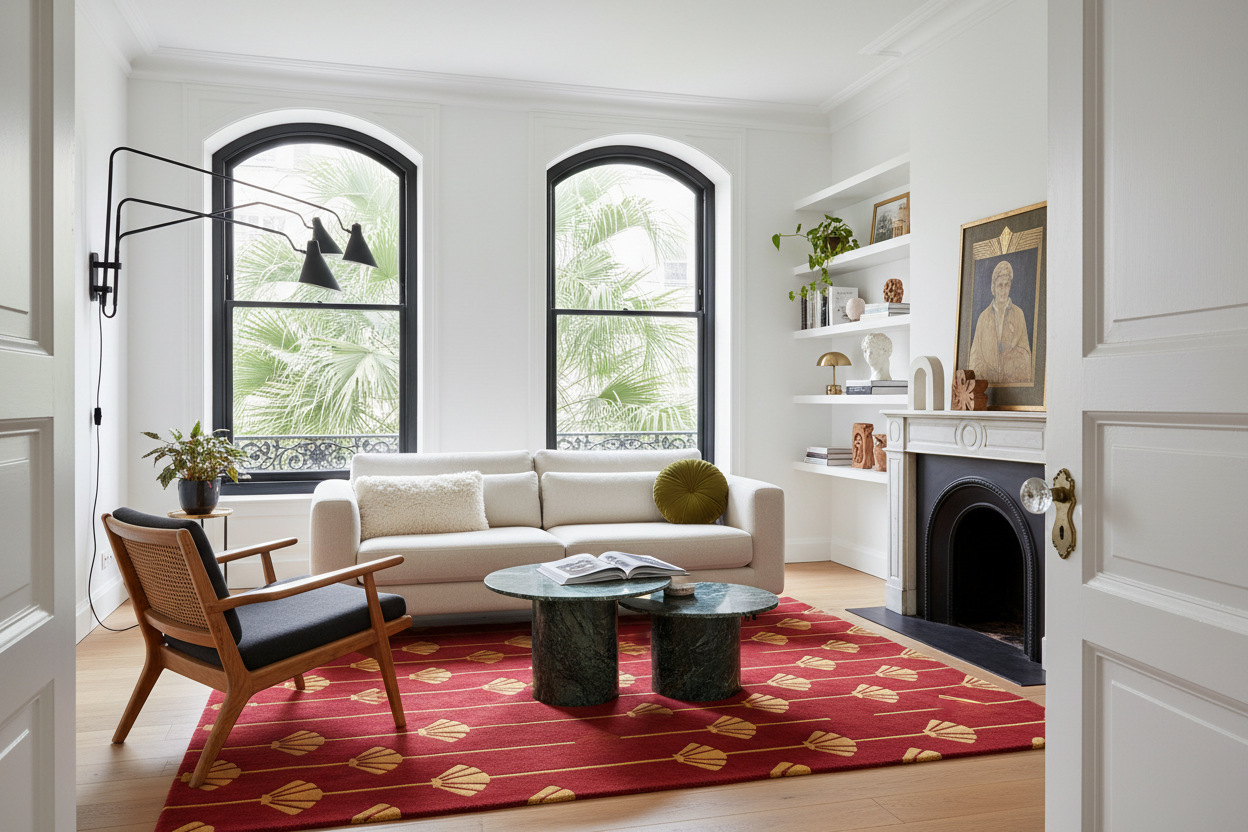 Living room with a white sofa, wooden armchair, and red art deco rug.