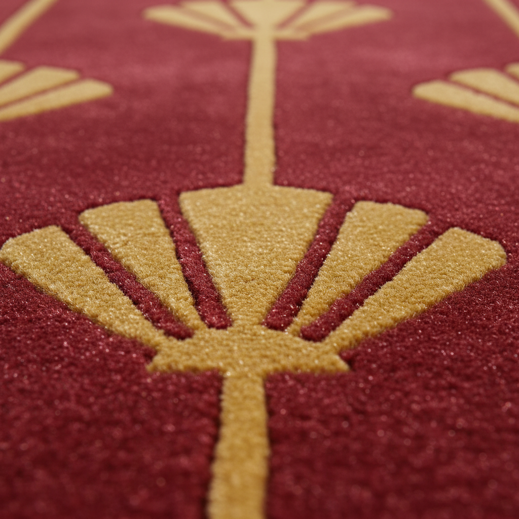 Close-up of a textured area rug featuring a deep burgundy red background with a raised gold geometric floral pattern.