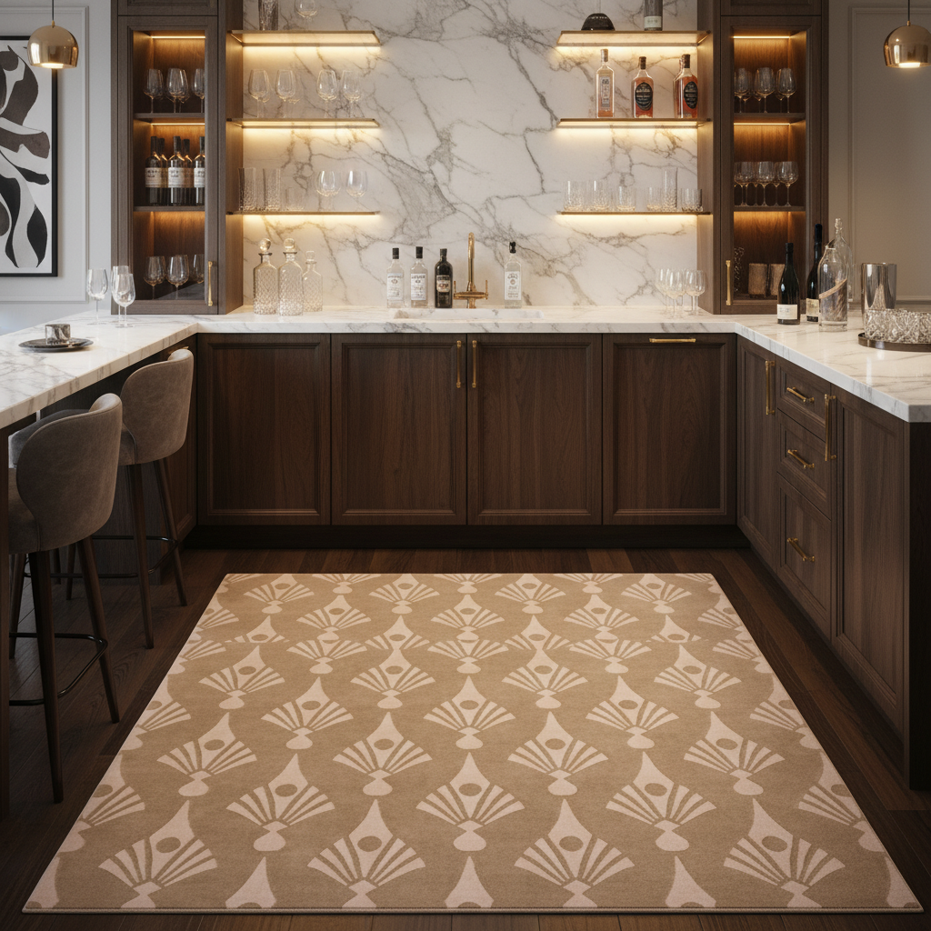 A large rectangular area rug with a repeating Art Deco fan pattern in beige and cream, styled in a modern U-shaped bar kitchen with dark wood cabinets and marble backsplash.