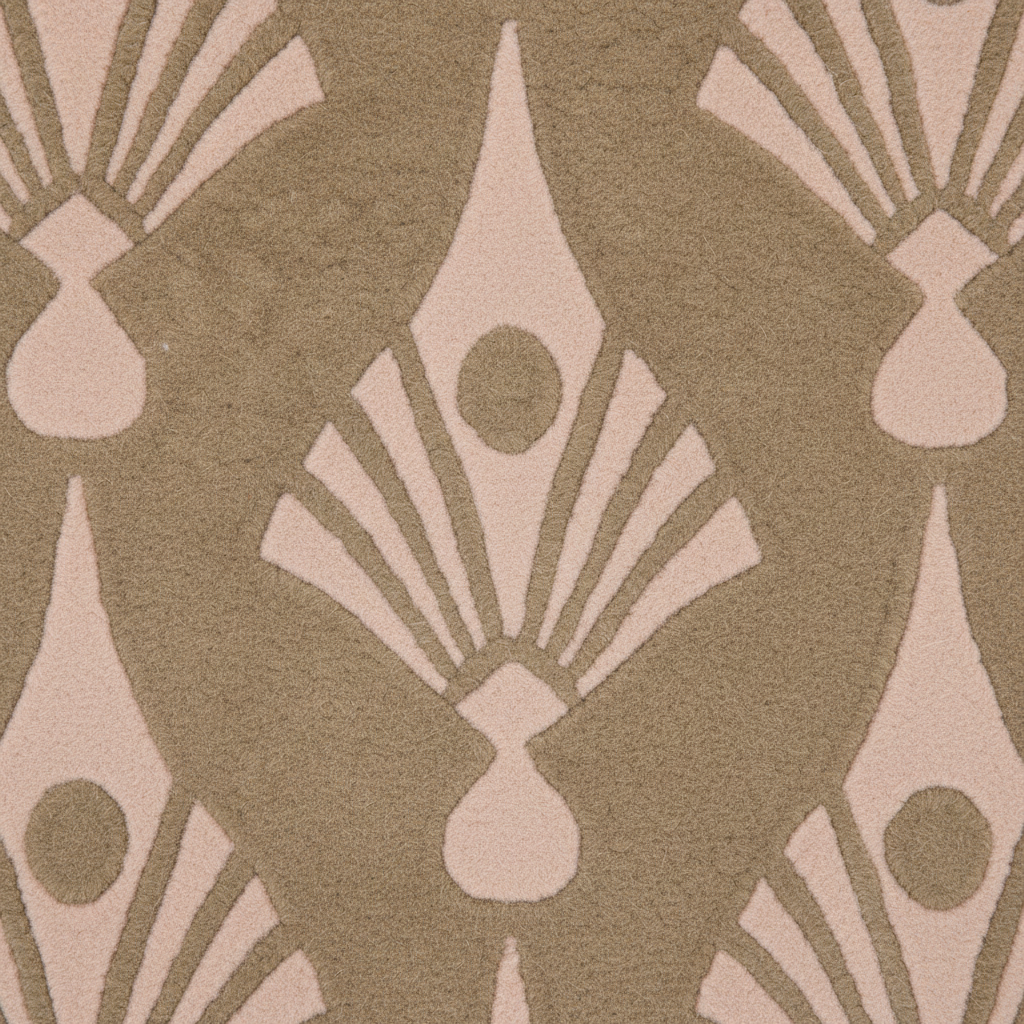 Close-up of the taupe and pink Art Deco fan pattern on the Gilded Mirage rug