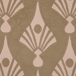 Close-up of the taupe and pink Art Deco fan pattern on the Gilded Mirage rug