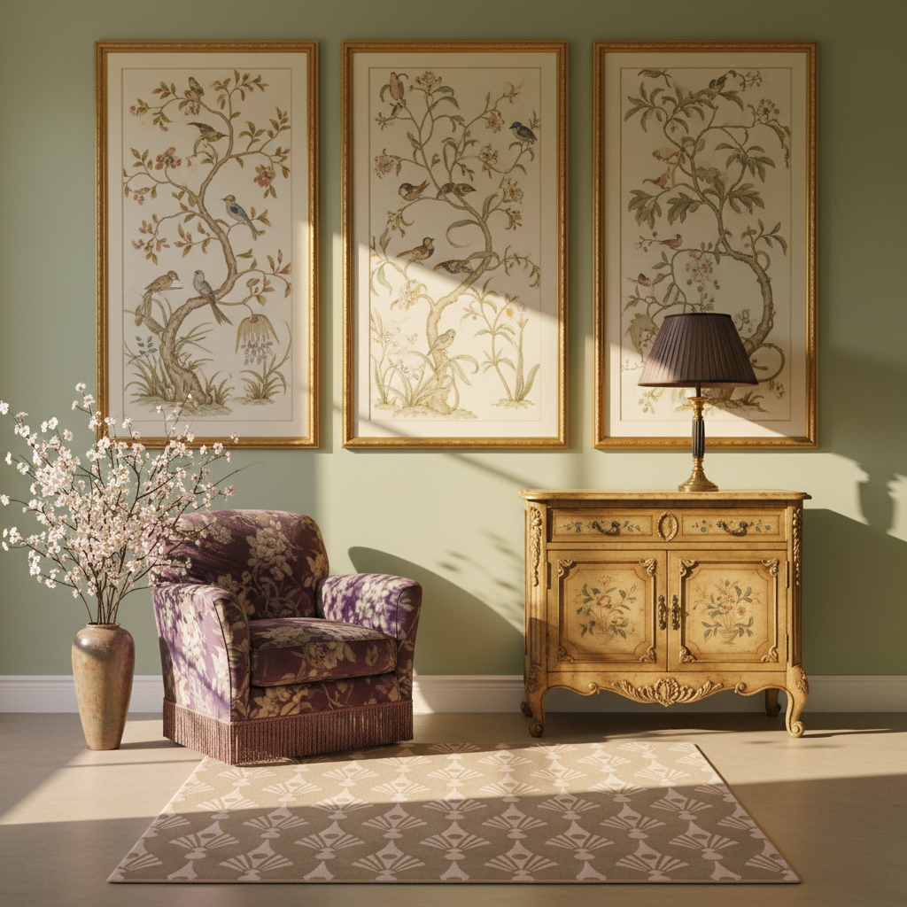 A styled interior scene with three framed botanical and bird wall hangings above a purple floral armchair, a carved gold sideboard with a black lamp, a vase of pale flowers, and a patterned rug on a green wall.