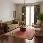 A styled living room interior featuring a large pink and yellow patterned area rug on a dark wood floor, with a green sofa, floral armchair, side table, curtains, and a potted plant.