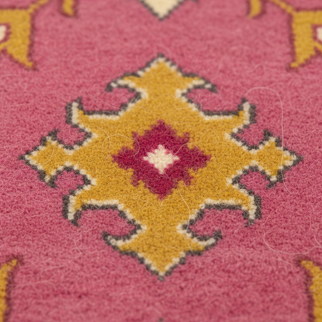 Close-up of a woven rug with a pink field and a central yellow geometric medallion outlined in dark gray and cream.