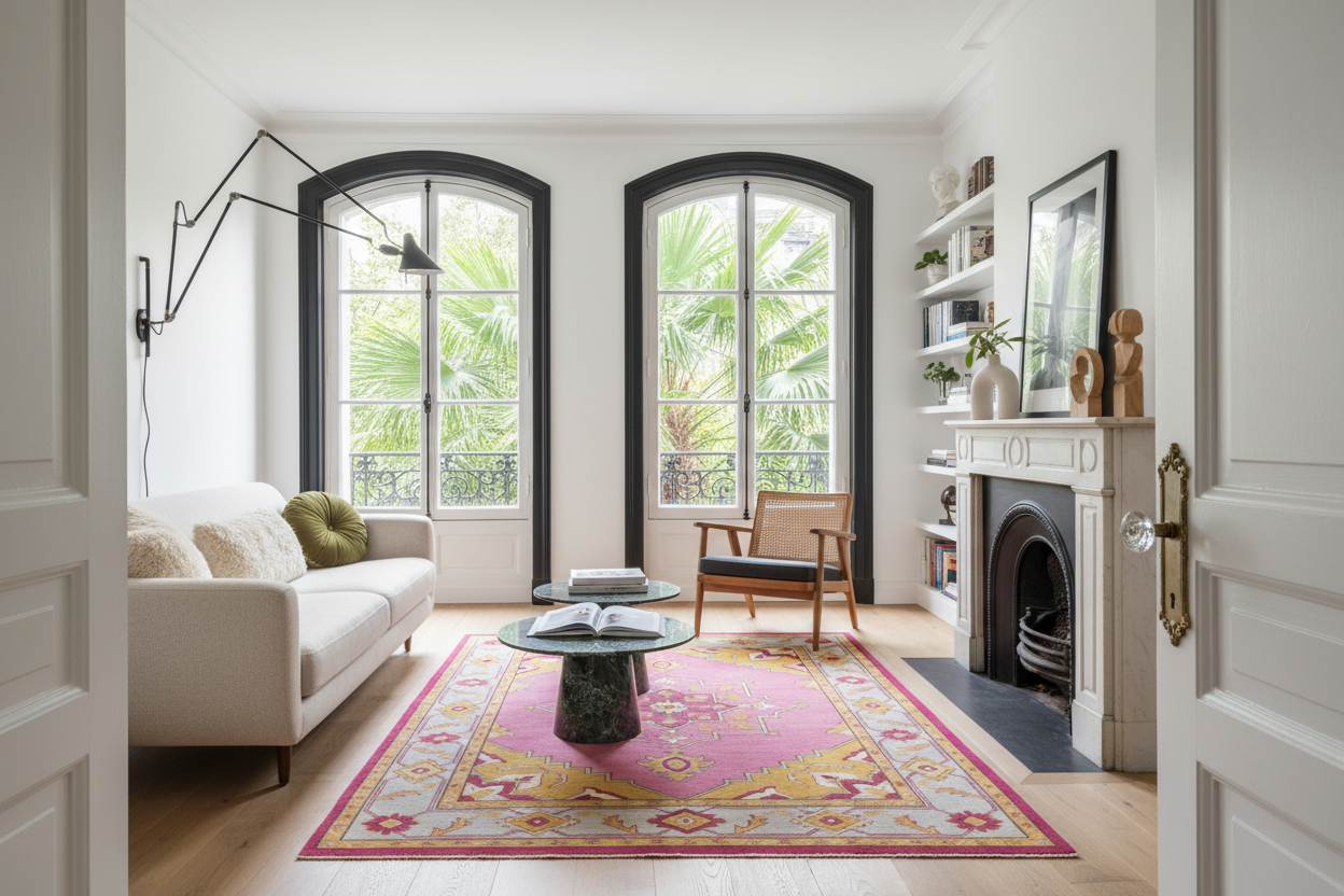 Living room with a white sofa, pink rug, and large windows.