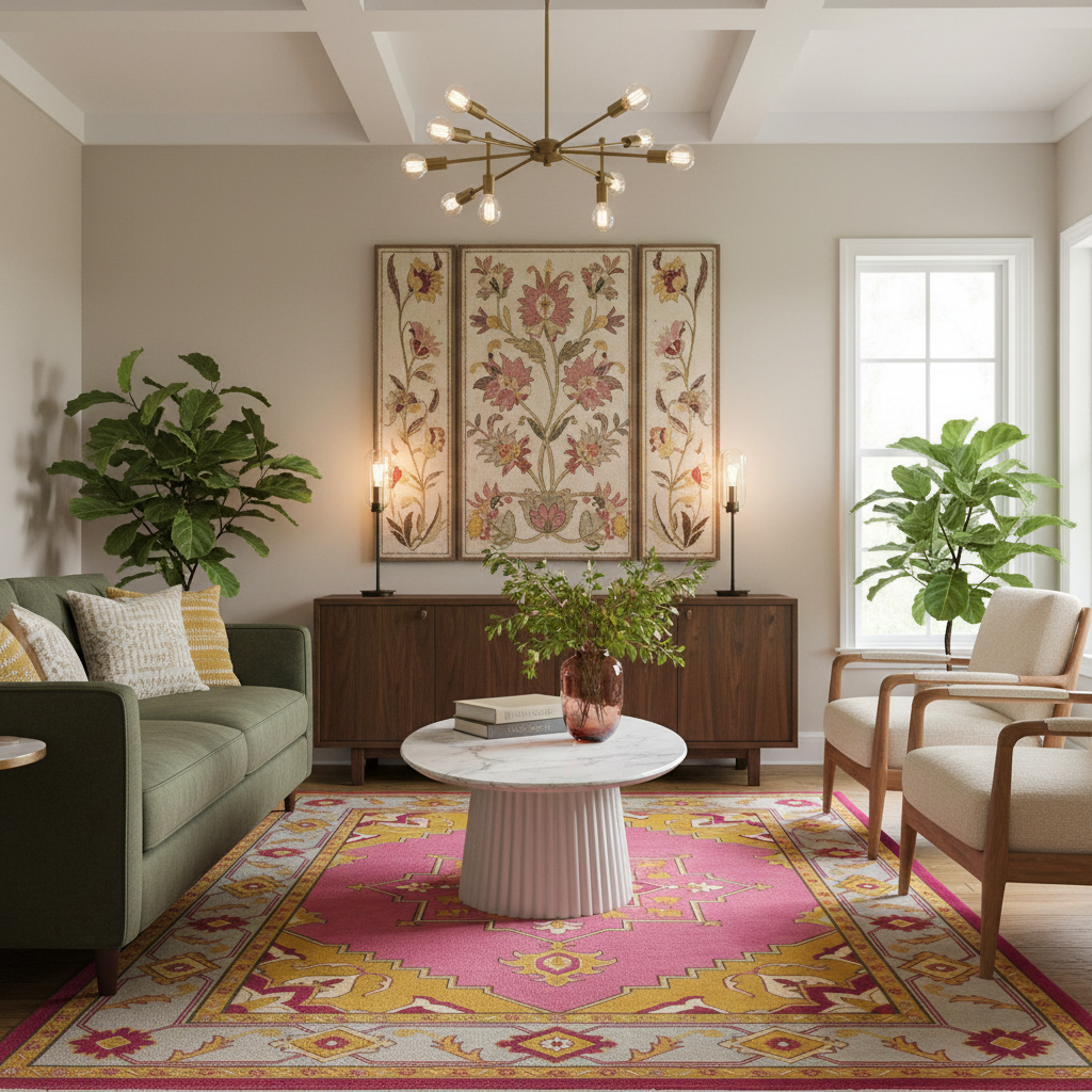 A styled living room interior featuring a green sofa, two cream armchairs, a round white coffee table, a pink and yellow patterned area rug, potted plants, and a large floral triptych wall art piece above a wooden sideboard.