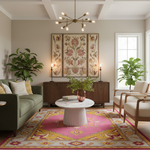 A styled living room interior featuring a green sofa, two cream armchairs, a round white coffee table, a pink and yellow patterned area rug, potted plants, and a large floral triptych wall art piece above a wooden sideboard.