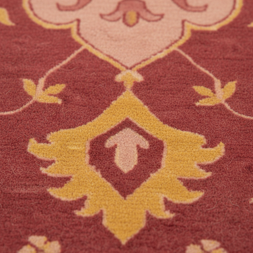Close-up of a patterned rug with a deep red background and a yellow and light pink ornamental medallion design.