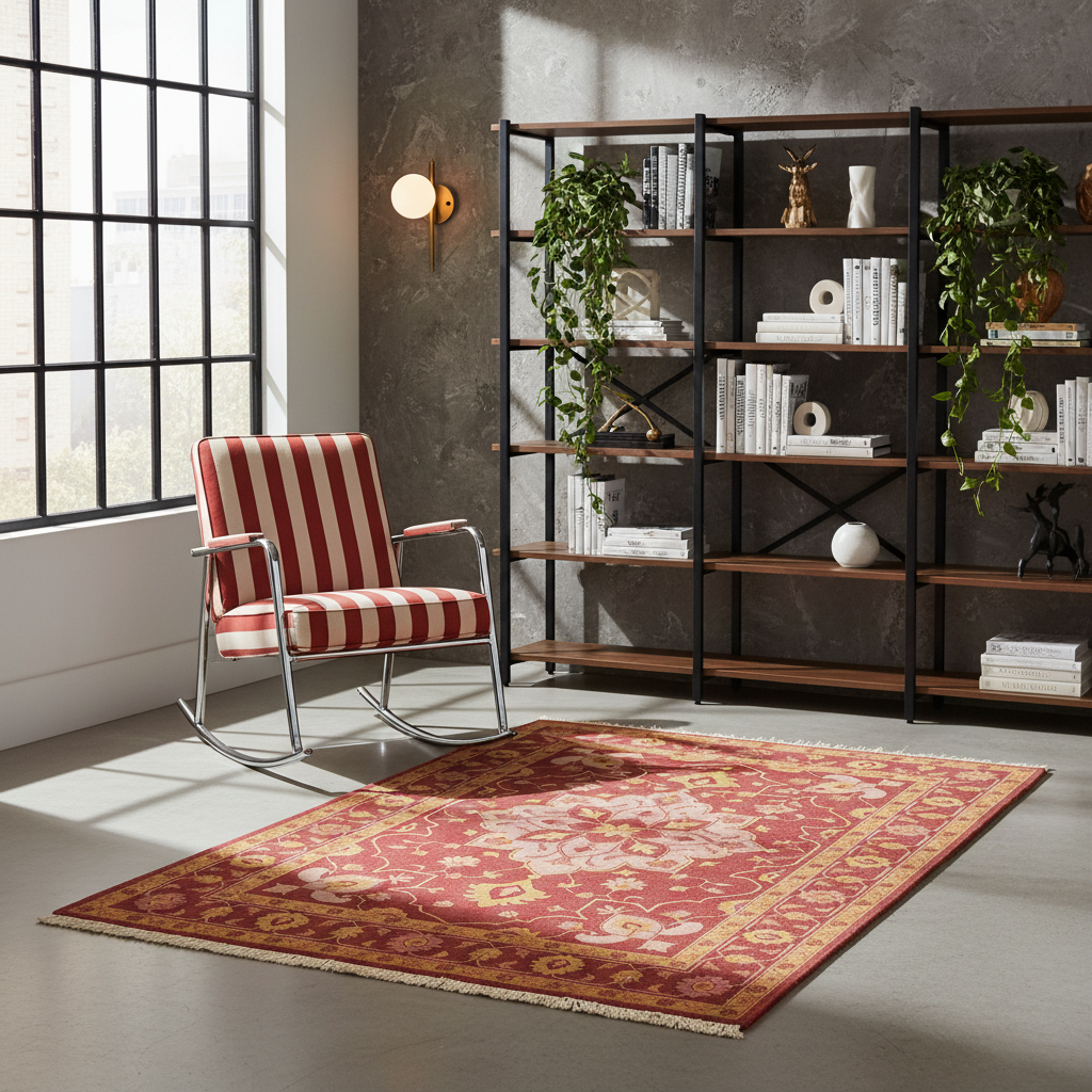 A red and beige patterned area rug with fringe is styled in a modern room with a red and white striped rocking chair, a large black-framed window, and a wooden bookshelf.