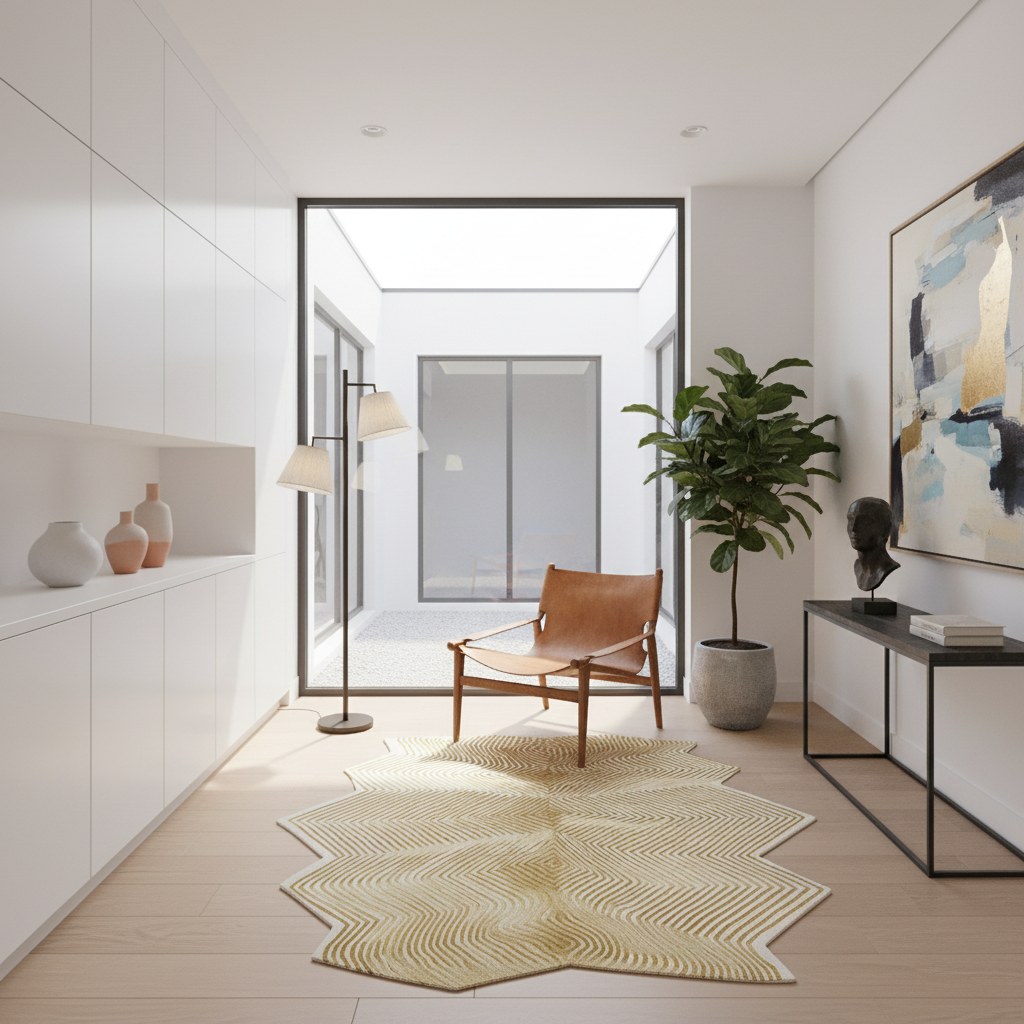 A modern interior space with a light wood floor, white cabinetry, a tan leather chair, a potted green plant, a sculptural yellow-and-white patterned rug, and a black console table against a white wall.
