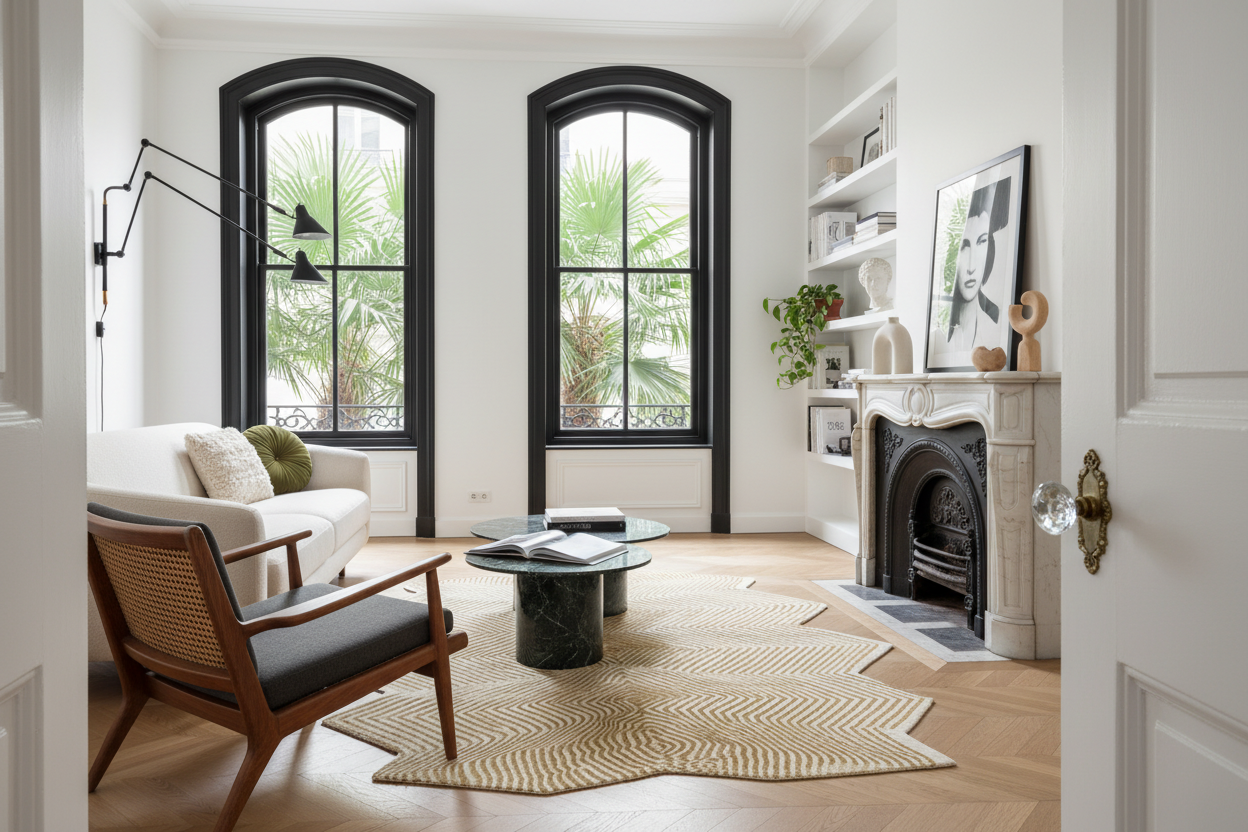 Living room with white walls, large windows, gold shaped contemporary rug, and a fireplace.