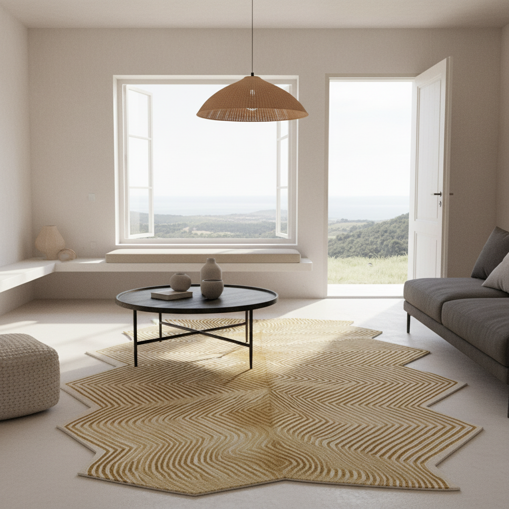A modern living room with a large geometric chevron-patterned rug in beige and cream tones, a black round coffee table, a gray sofa, and large windows looking out to a scenic landscape.