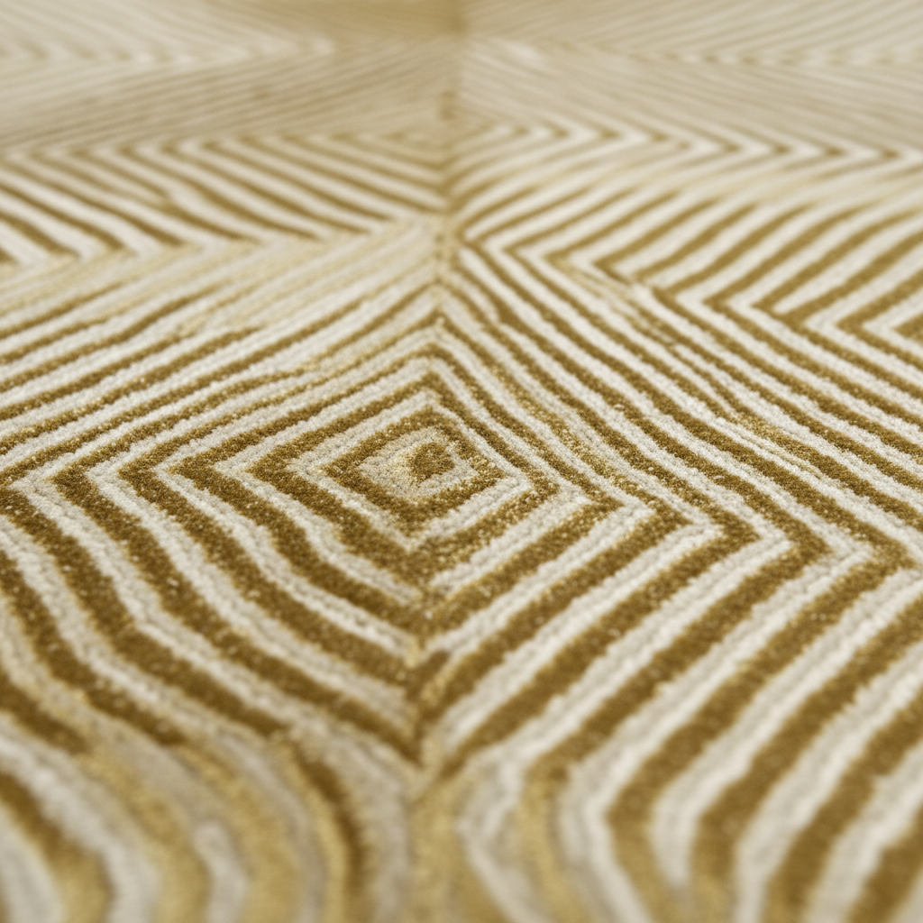 Close-up of a textured rug with a geometric diamond pattern in warm tan and cream.