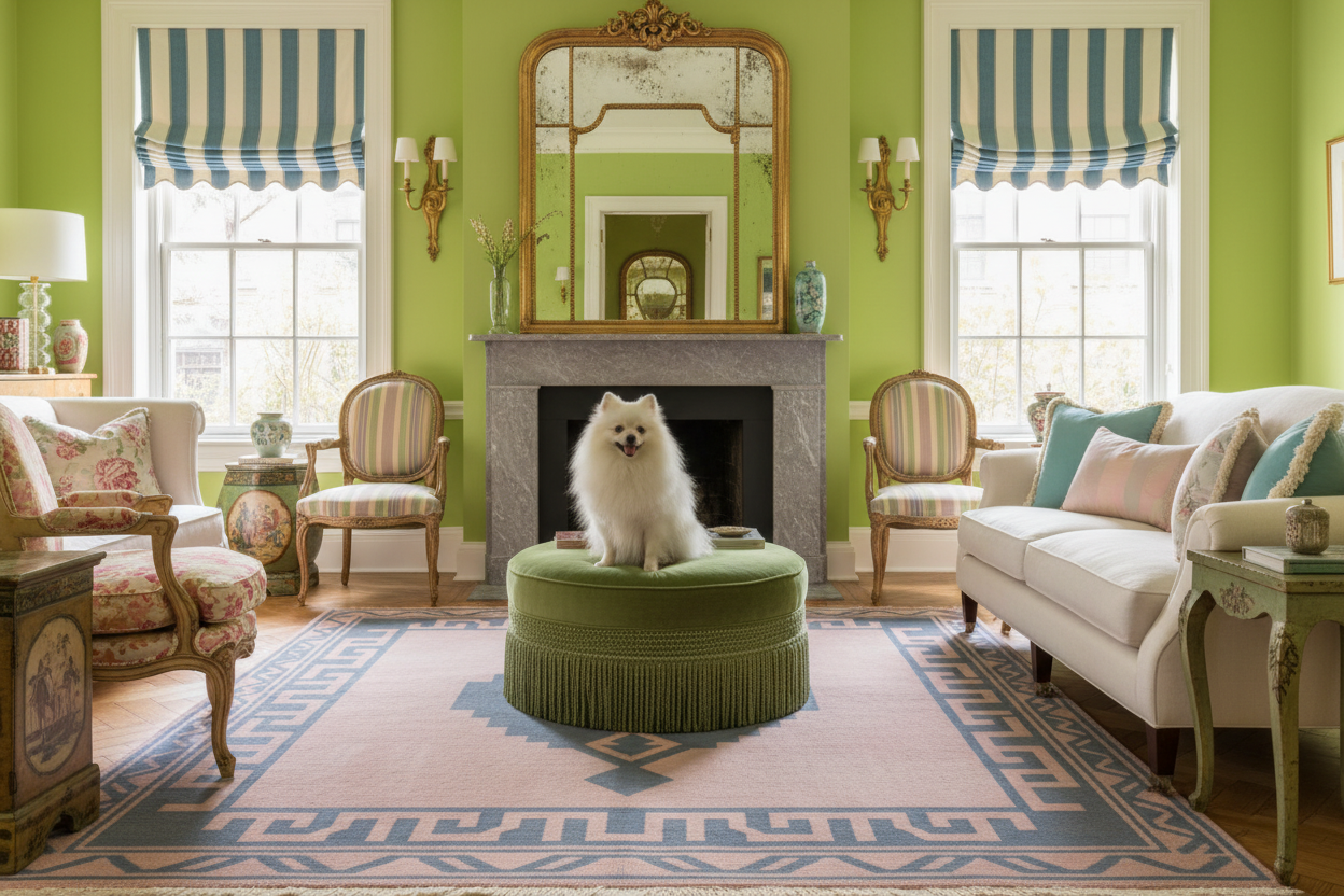 Dog sitting on a green ottoman in a stylish living room with green walls, decorative furniture with Gingham Reverie Rug by 1001 Knots.