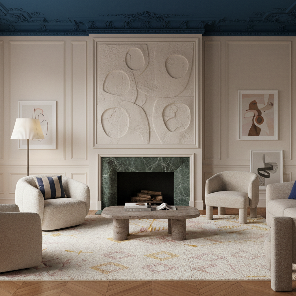 A styled living room interior featuring a large textured cream stone fireplace wall with circular sculptural details above a green marble fireplace. The room is furnished with cream upholstered armchairs, a round wooden coffee table, a patterned cream rug, a floor lamp, and framed abstract wall art.