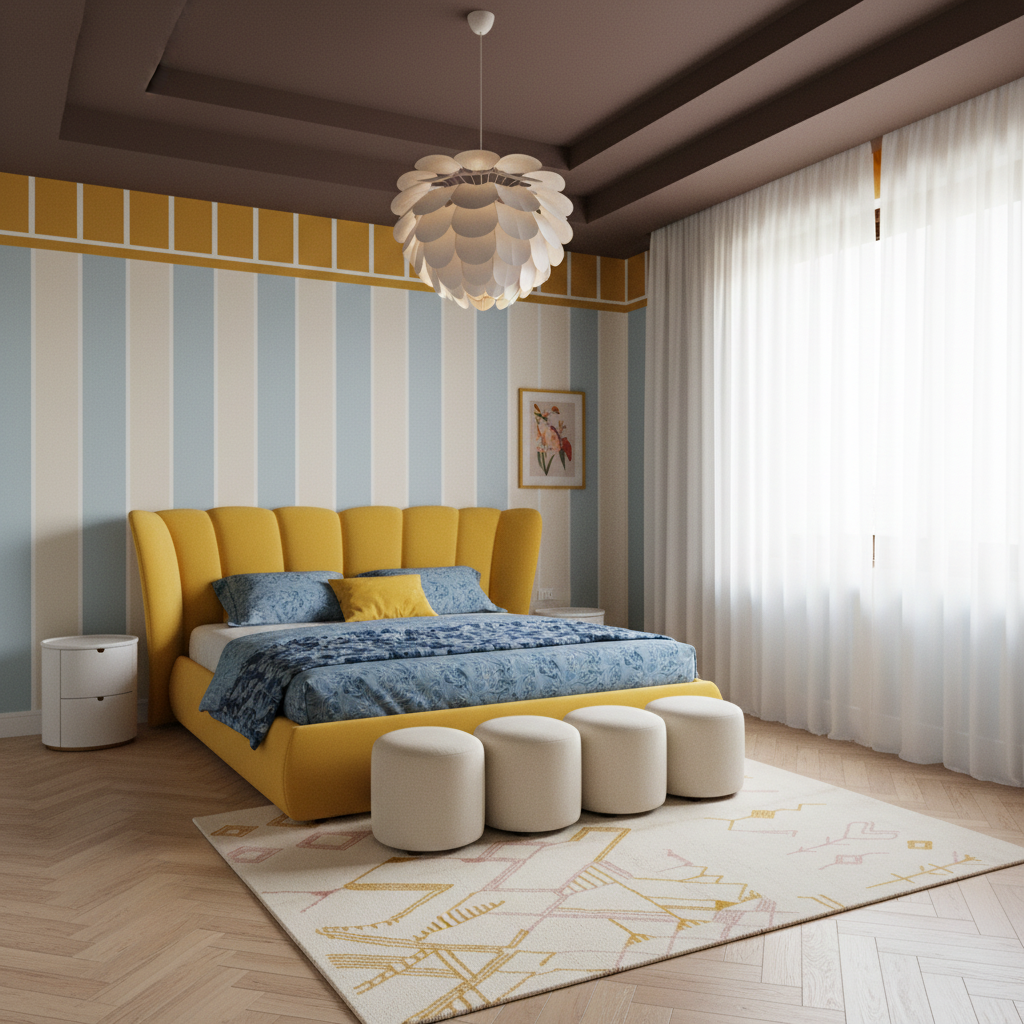 A modern bedroom interior featuring a bright yellow upholstered bed frame with blue patterned bedding, four matching cream ottomans, a striped accent wall, and a white flower-shaped pendant light.
