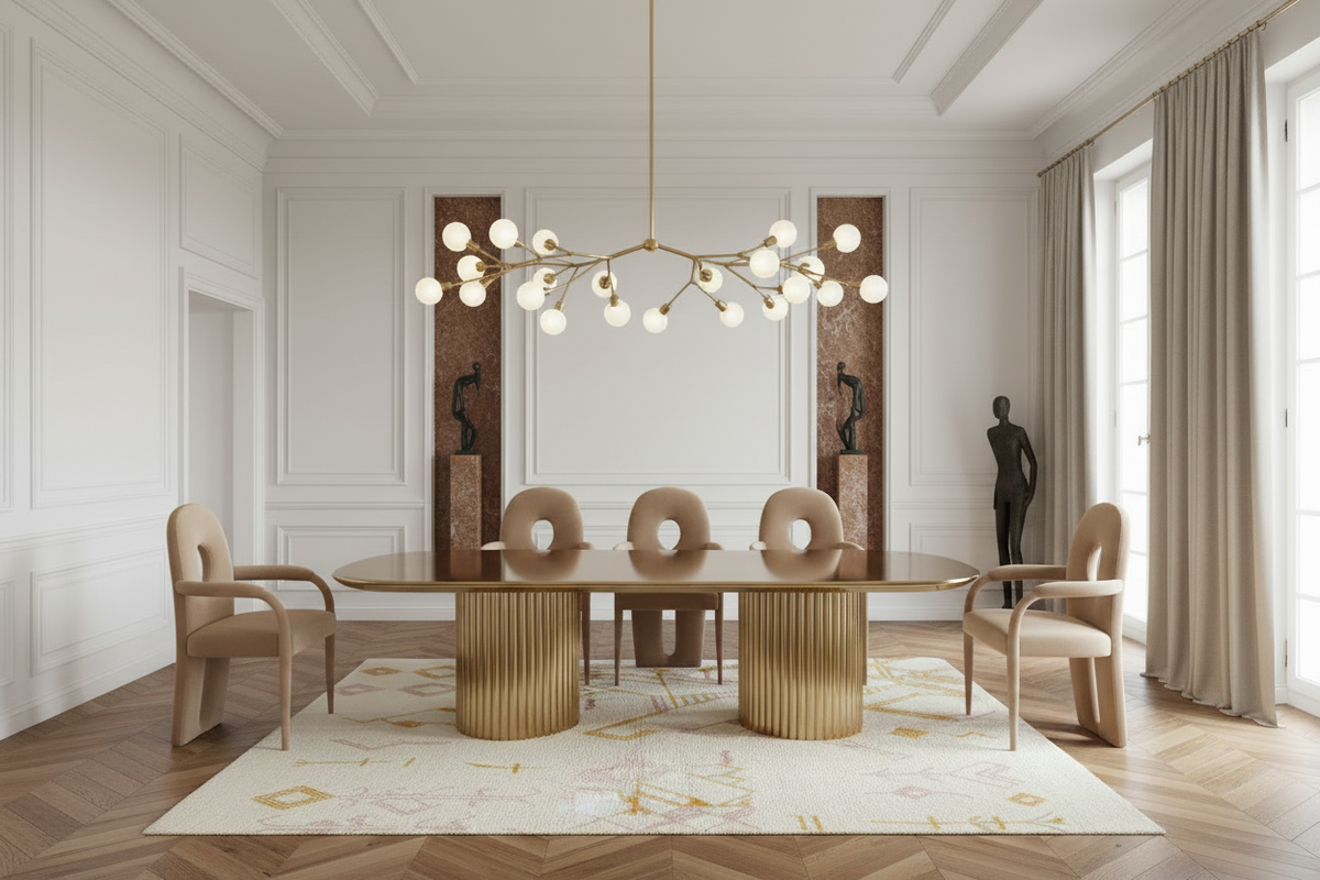Modern dining room with a stylish rug, chandelier, table, and chairs.