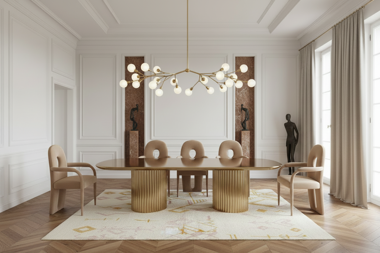 Modern dining room with a stylish rug, chandelier, table, and chairs.