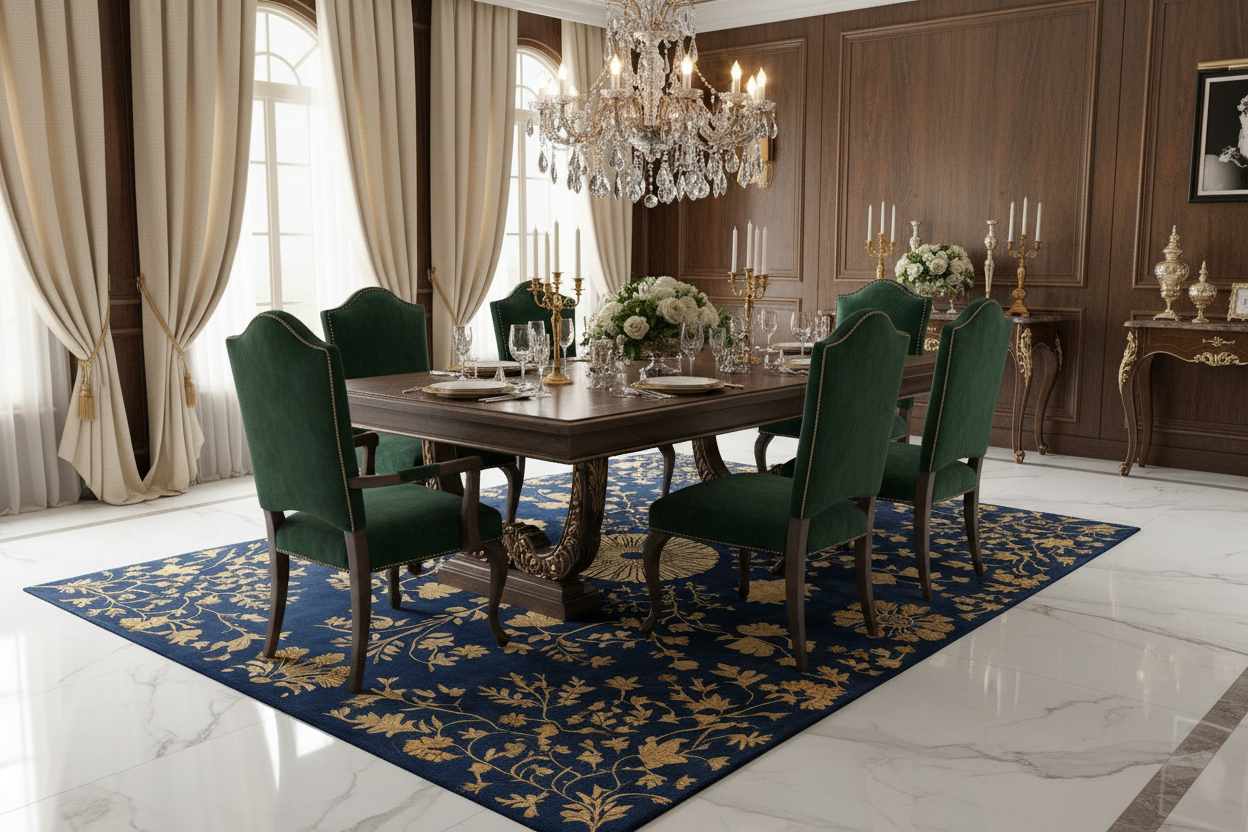 Elegant dining room with a wooden table, green chairs, blue floral rug, and a chandelier.