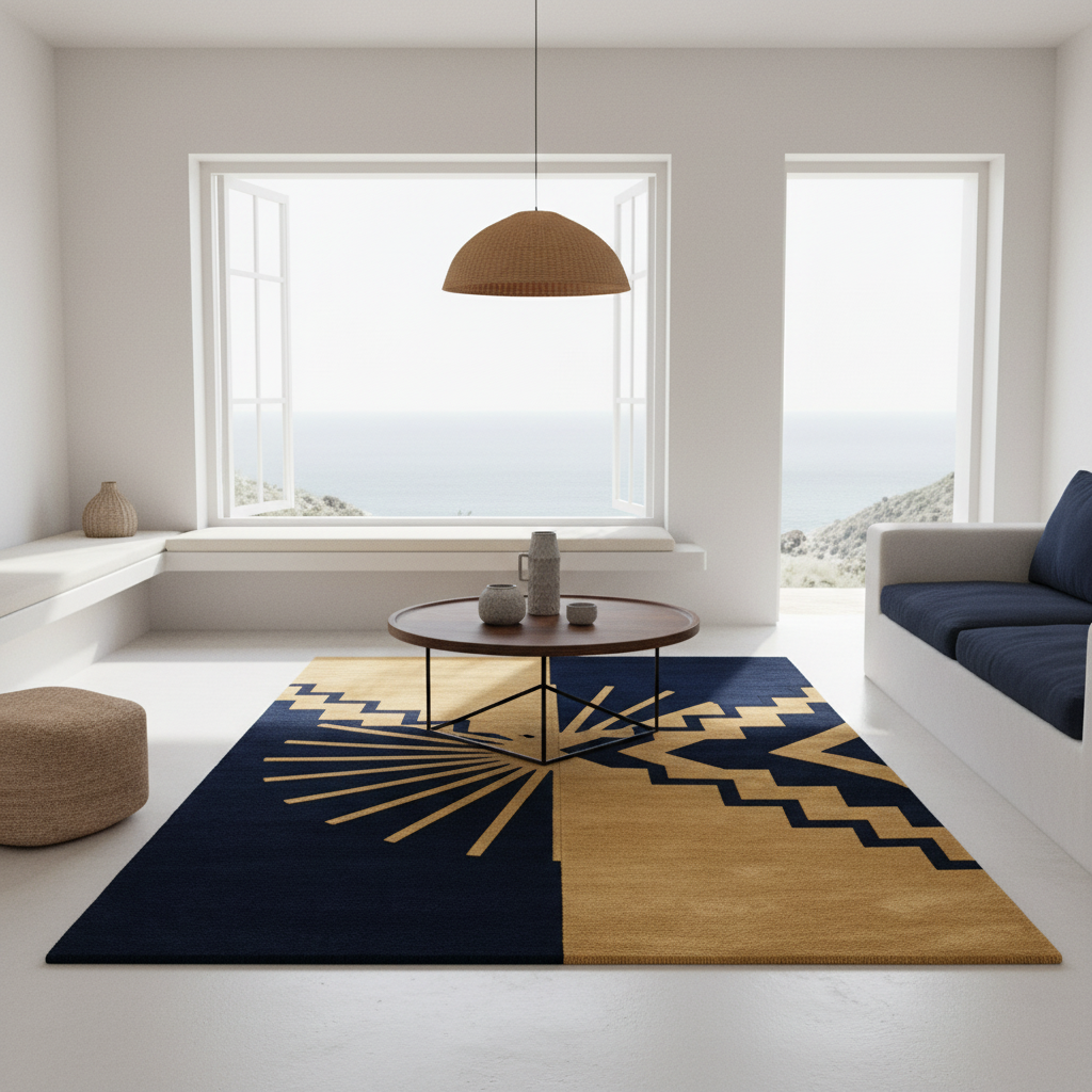 A modern living room featuring a large area rug with a geometric split design in navy blue and mustard yellow. The room has white walls, a round wooden coffee table, a white sofa with dark blue cushions, and large windows overlooking the sea.