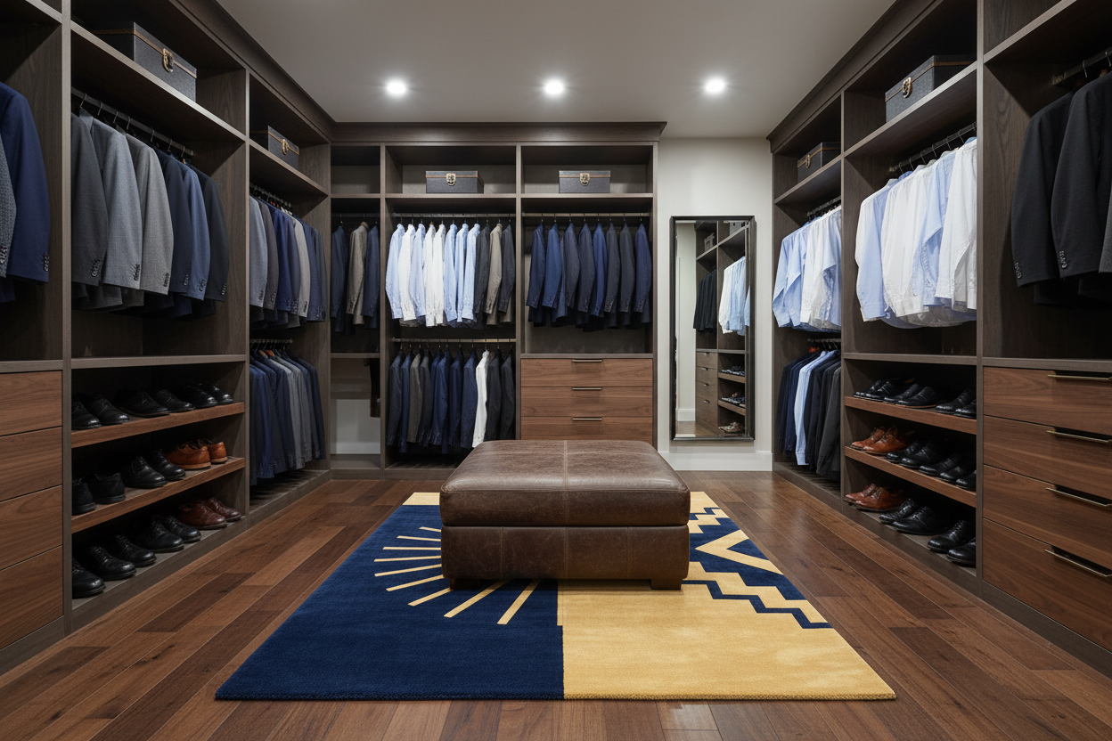 Modern walk-in closet with wooden shelves, clothes, and a brown ottoman on a blue and yellow rug.