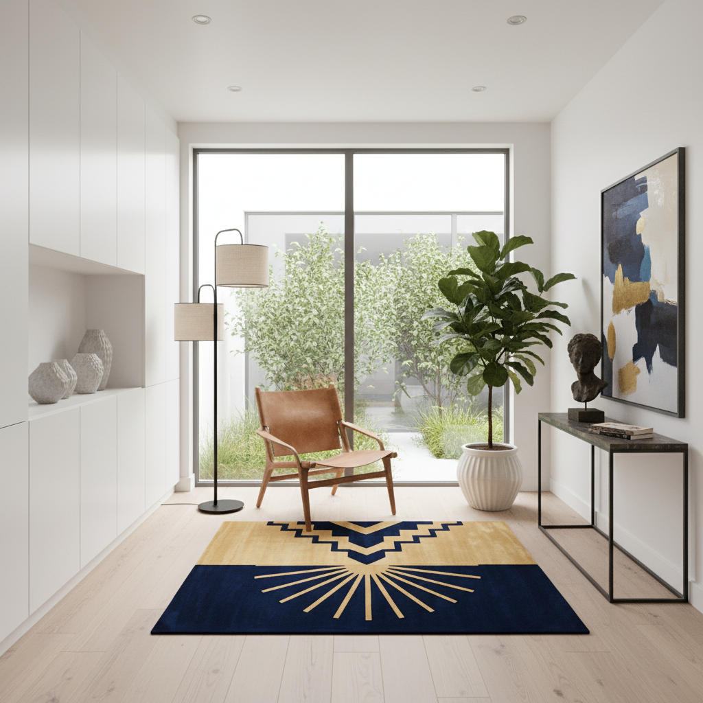 A modern living room interior with a navy and mustard yellow geometric area rug on light wood flooring. The room features a brown leather armchair, a black floor lamp, a potted fiddle-leaf fig plant, a white console table with a framed abstract print, and a large glass window looking out onto green garden foliage.
