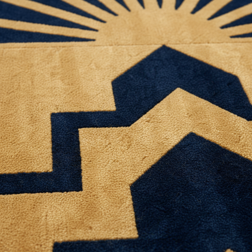 Close-up of a textured rug with a geometric pattern in tan and navy blue, featuring a sunburst and stepped house-like shapes.
