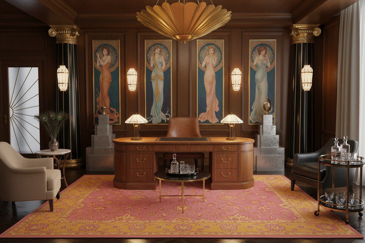 Luxurious office with wooden desk, armchairs, pink rug, and decorative wall art in a richly decorated room.