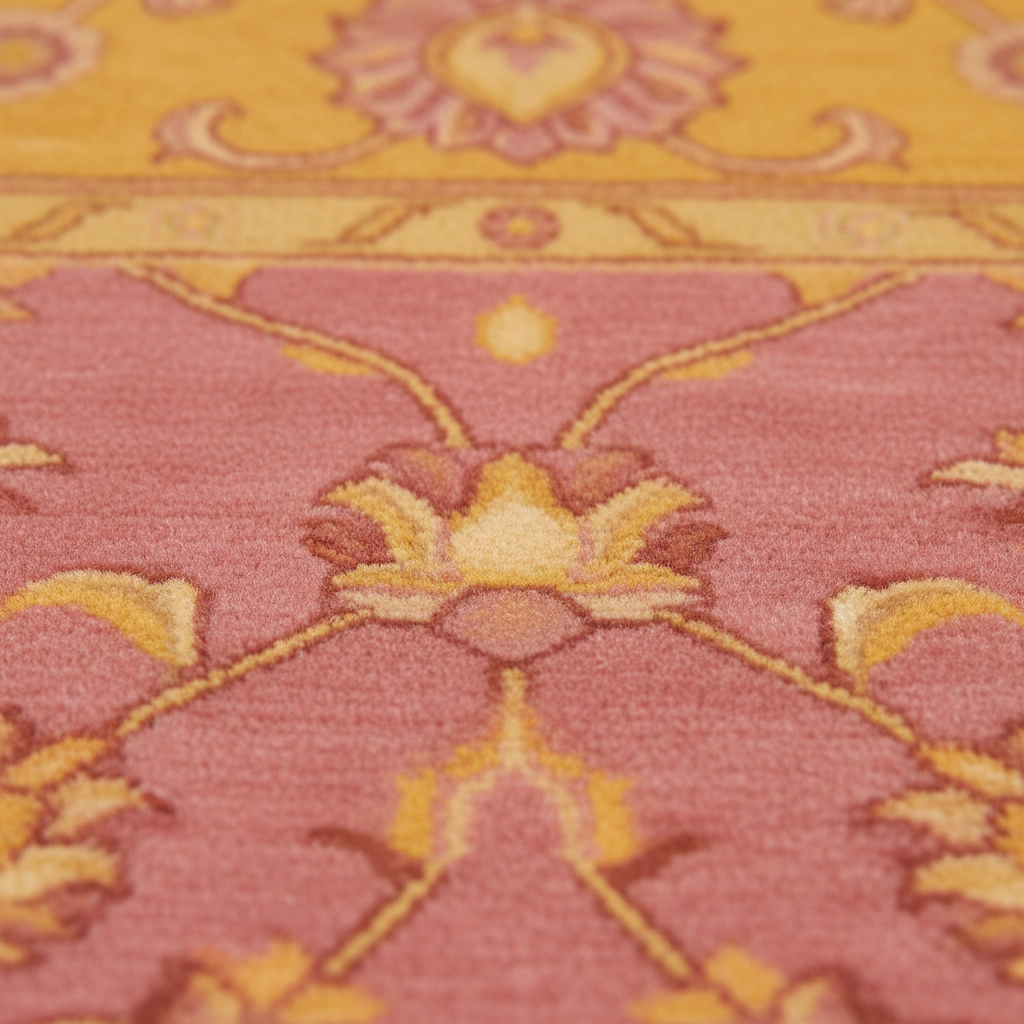 Close-up of a patterned area rug with a dusty pink field, yellow-gold floral motifs, and a yellow border.
