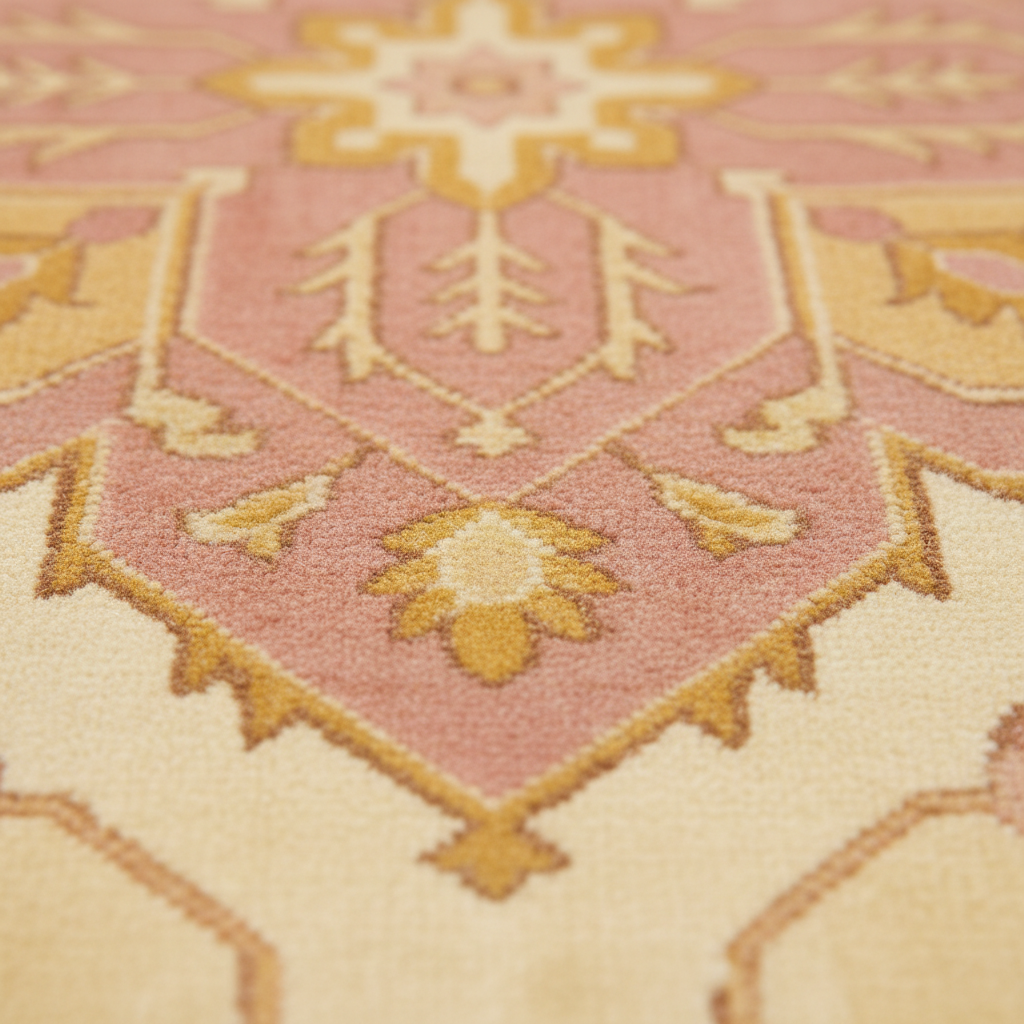 Close-up of a patterned rug with a dusty pink and cream base and mustard yellow geometric and floral motifs.