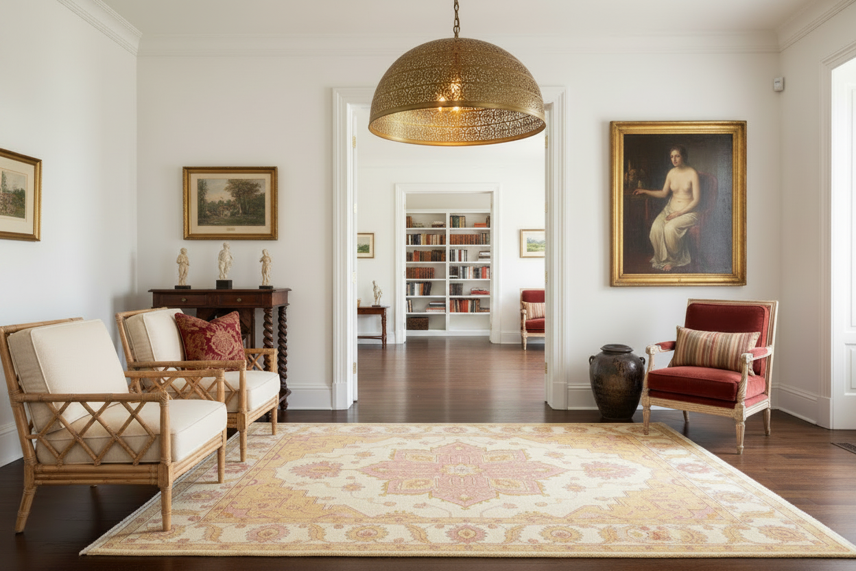 Living room with ornate rug, armchairs, and framed artwork on white walls.