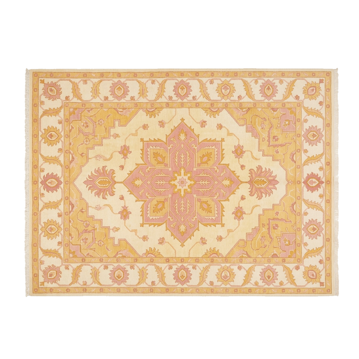 A rectangular area rug with a traditional Persian-style medallion pattern in soft cream, dusty pink, and ochre yellow, featuring small fringe on the top and bottom edges.