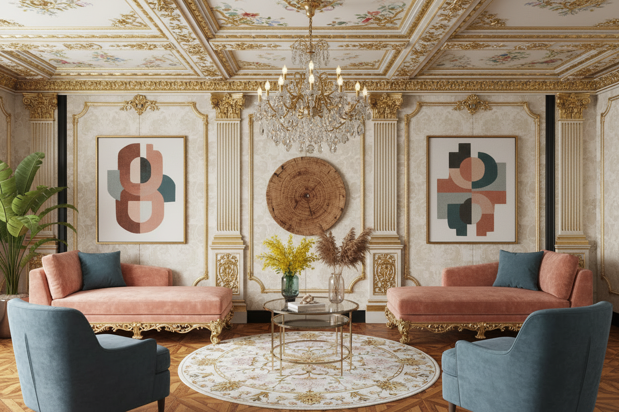 Luxurious living room with ornate round rug, decor, pink sofas, and decorative elements.