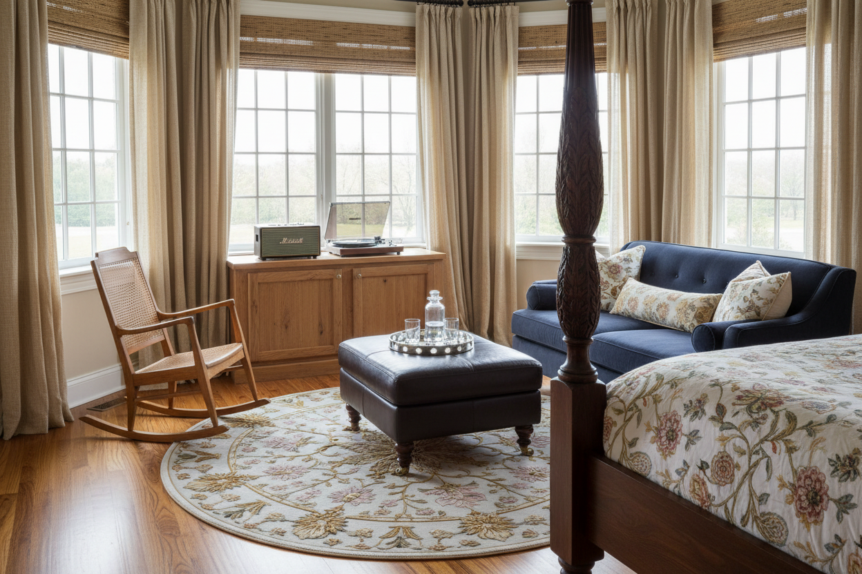 Luxurious bedroom with a four-poster bed, rocking chair, round floral beige rug, and wooden cabinet.