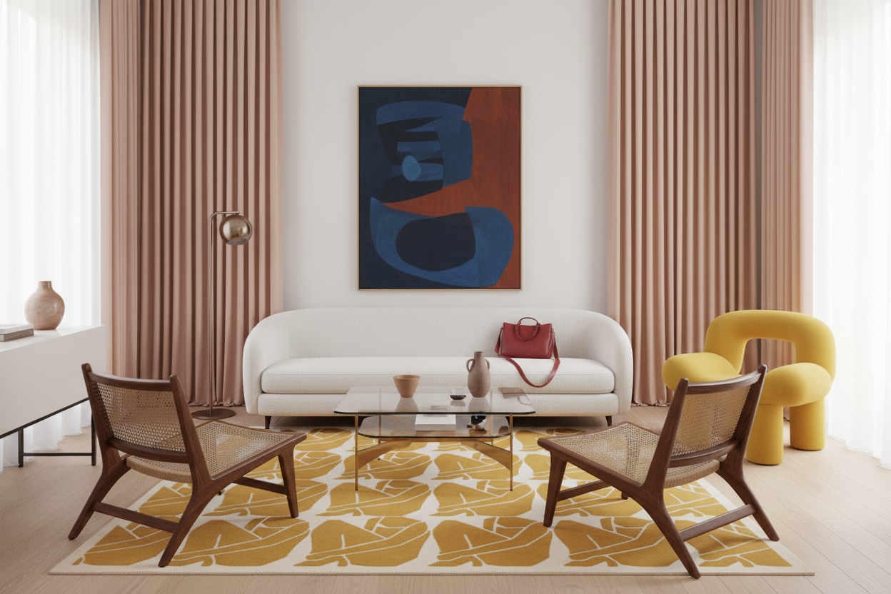 Modern living room with a white sofa, Golden Girls Hand Tufted Wool Rug, wooden chairs, and a colorful abstract painting.