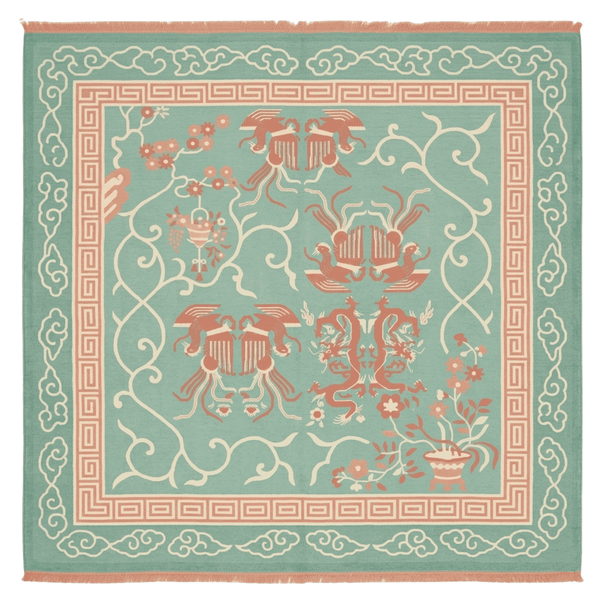 Decorative rug with intricate patterns on a light blue background