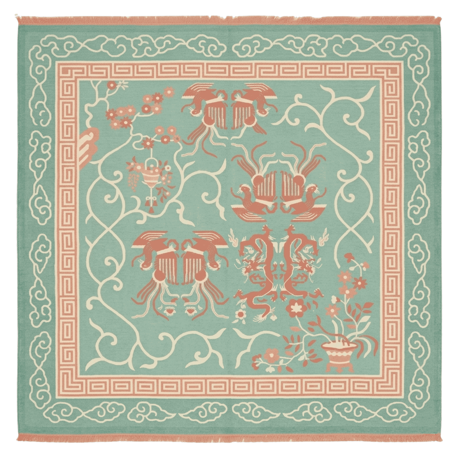 Decorative rug with intricate patterns on a light blue background
