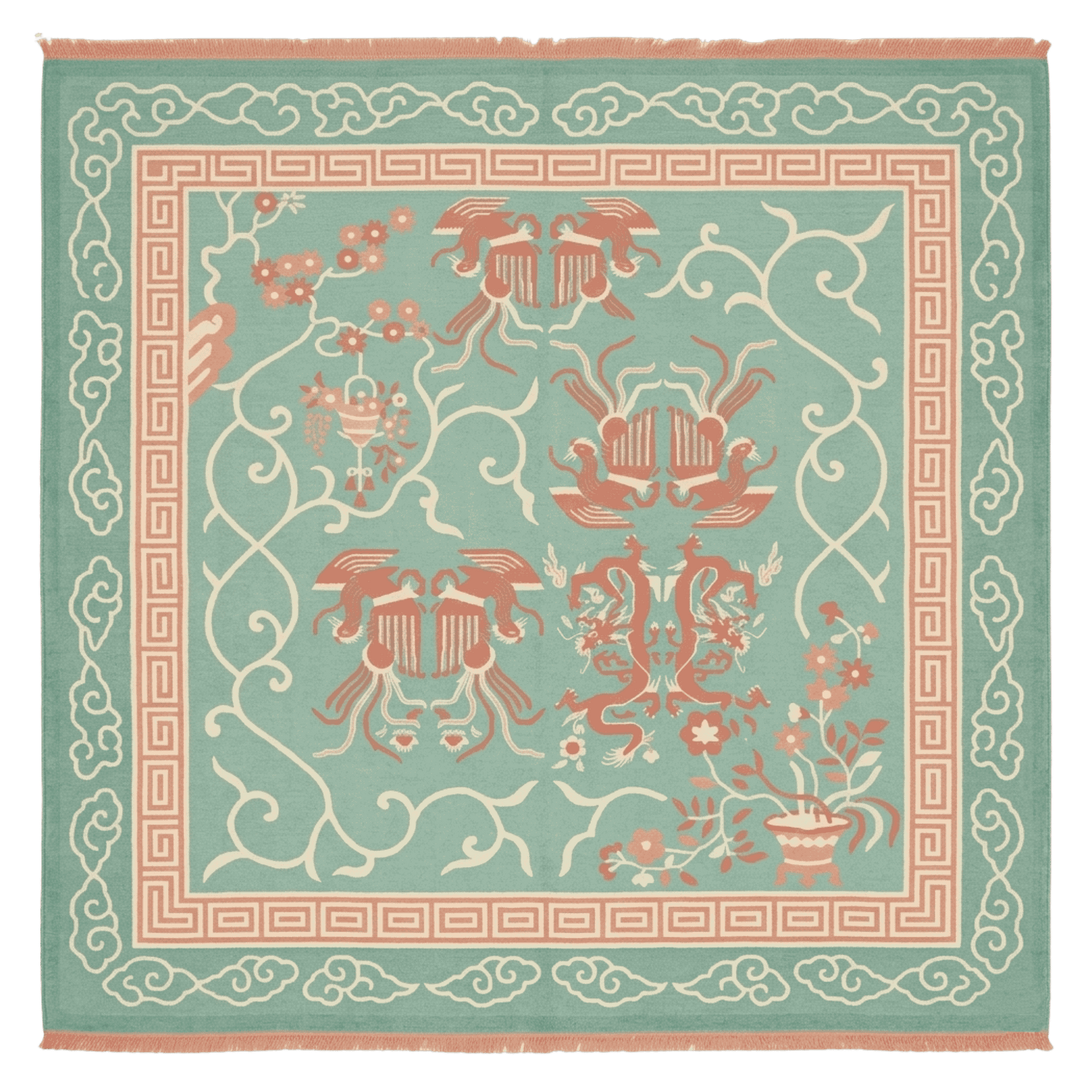 Decorative rug with intricate patterns on a light blue background