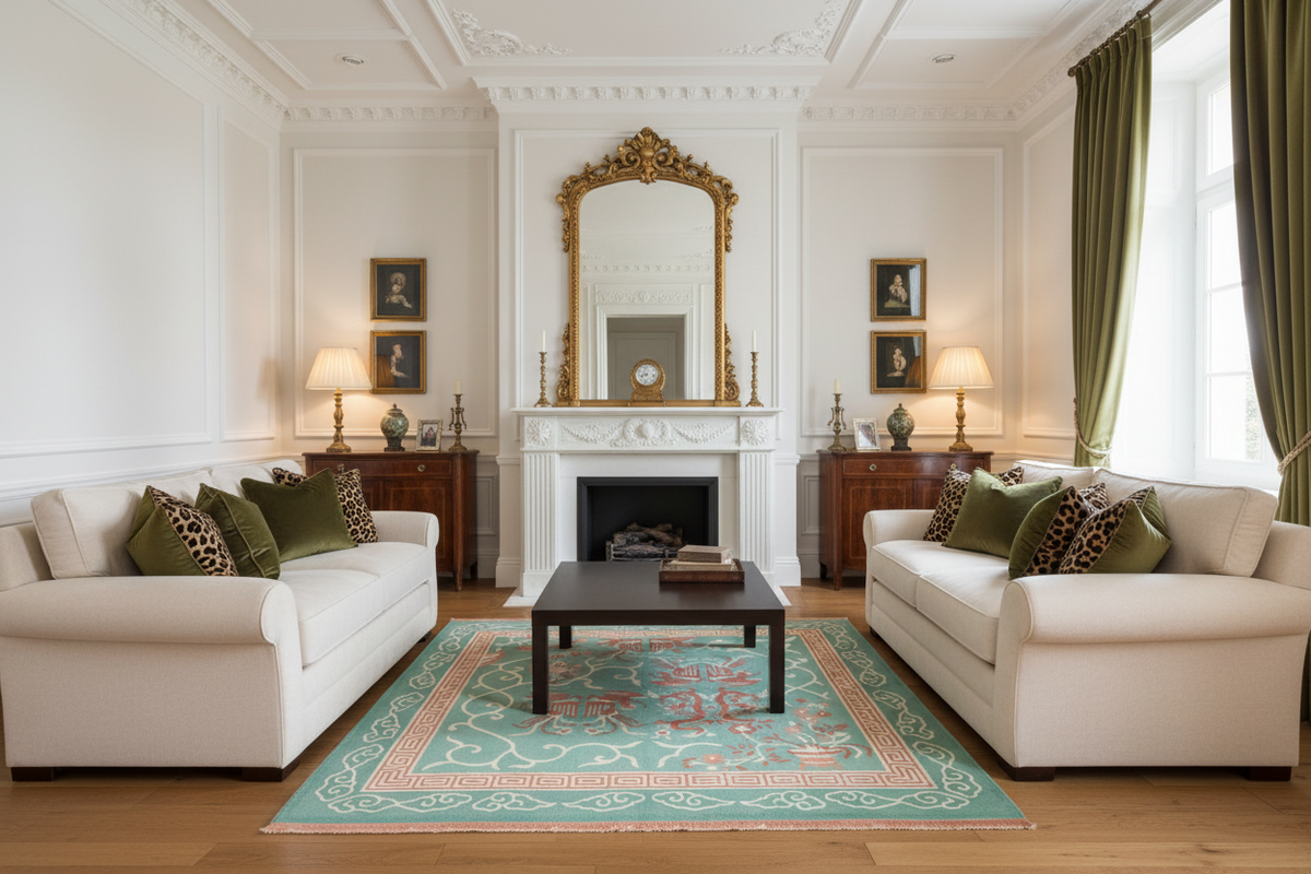 Living room with white sofas, a coffee table, and decorative rug.