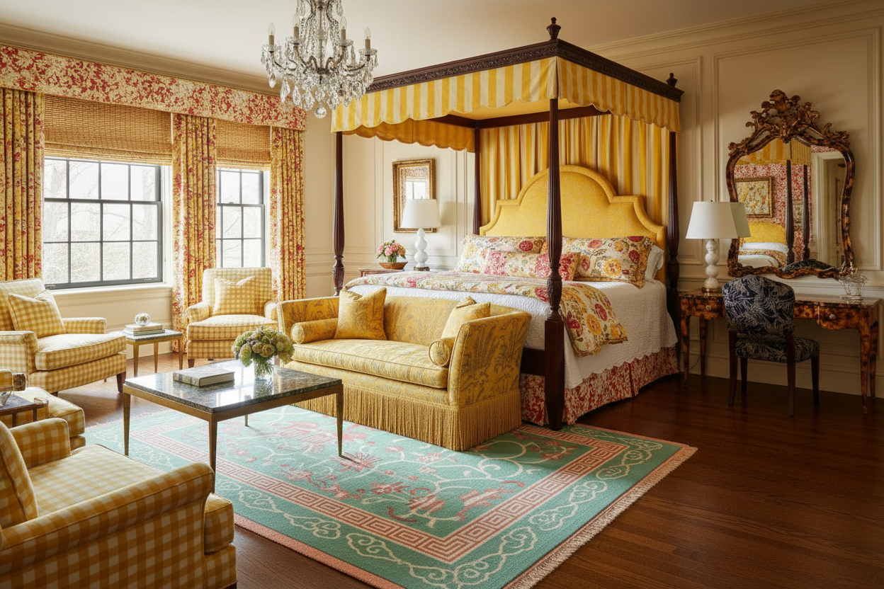 Luxurious bedroom with yellow canopy bed, armchairs, and decorative rug.