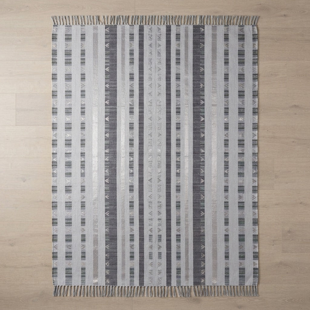Graphite Rain Stripes Flatweave Cotton Dhurrie Rug - studio photo