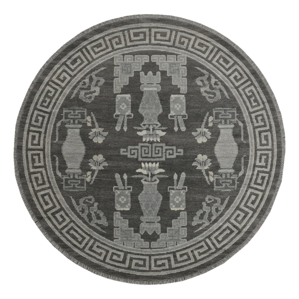 Graphite Scholar Relics Round Hand Knotted Rug