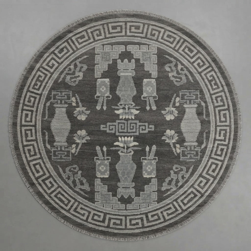 Graphite Scholar Relics Round Hand Knotted Rug - studio photo